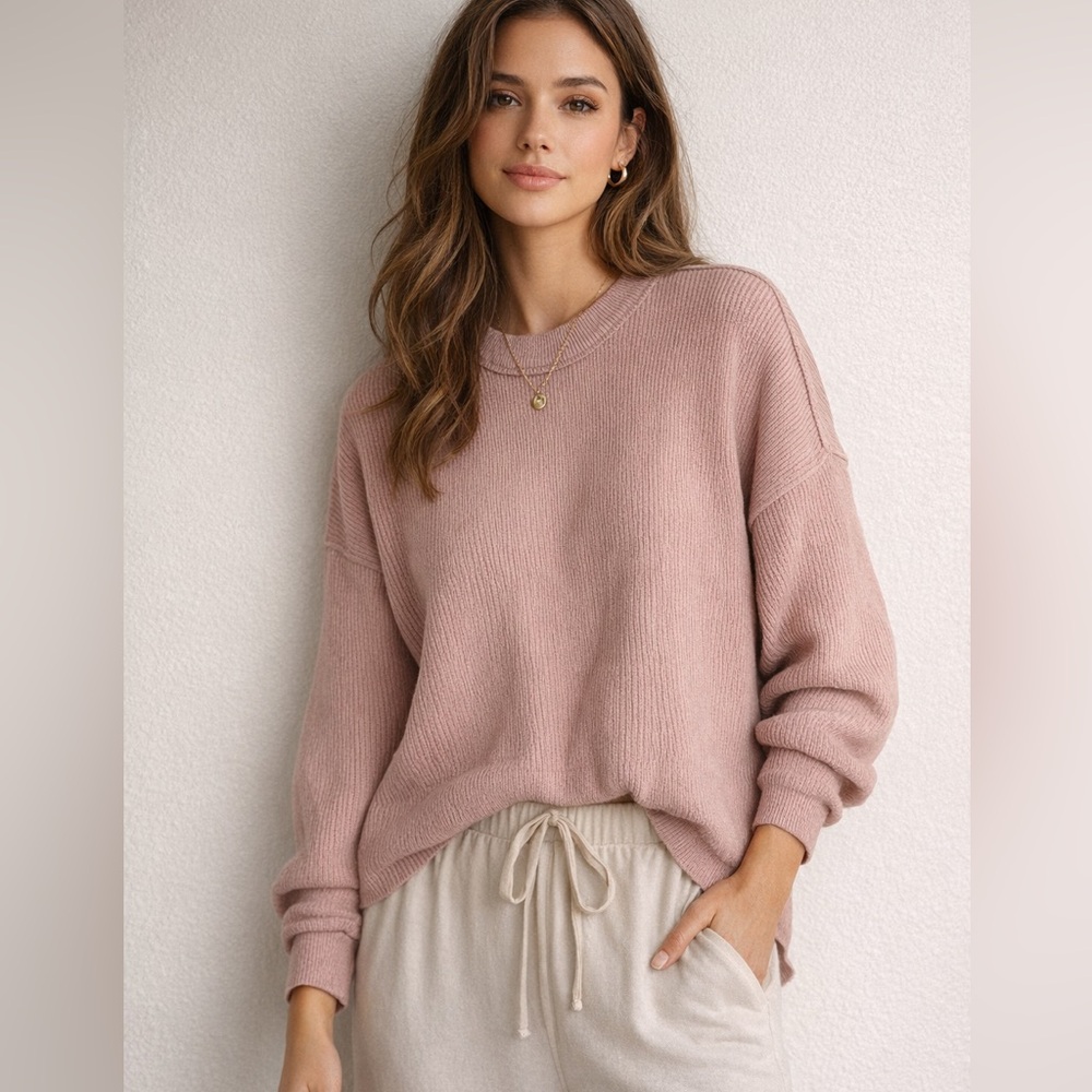 ANRABESS Dusty Pink Ribbed Knit Crewneck Sweater M Oversized Pullover